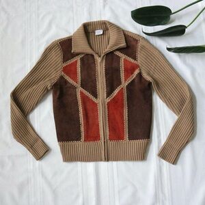 Vintage Taiwan patchwork suede knit zip up jacket